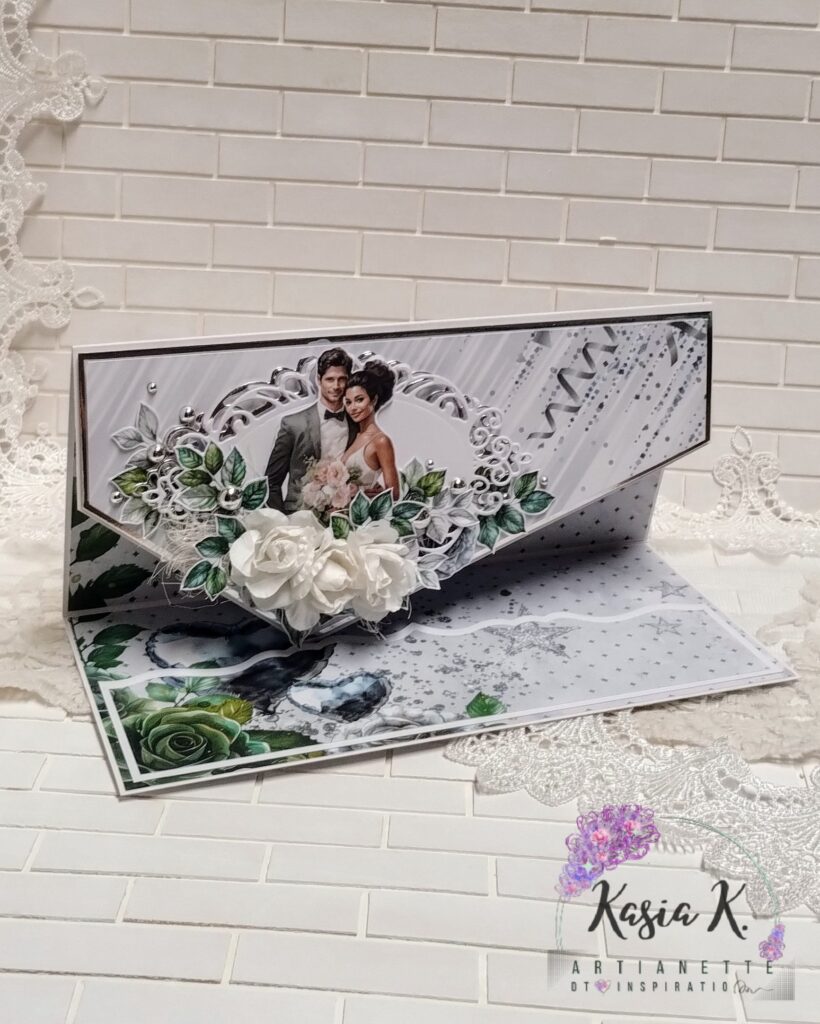 kartka kopertówka na ślub, scrapbooking, kolekcji Silwer Gramour, dodatki do wycinania SET 02, inspiracja DT Artianette Katarzyna Klakla