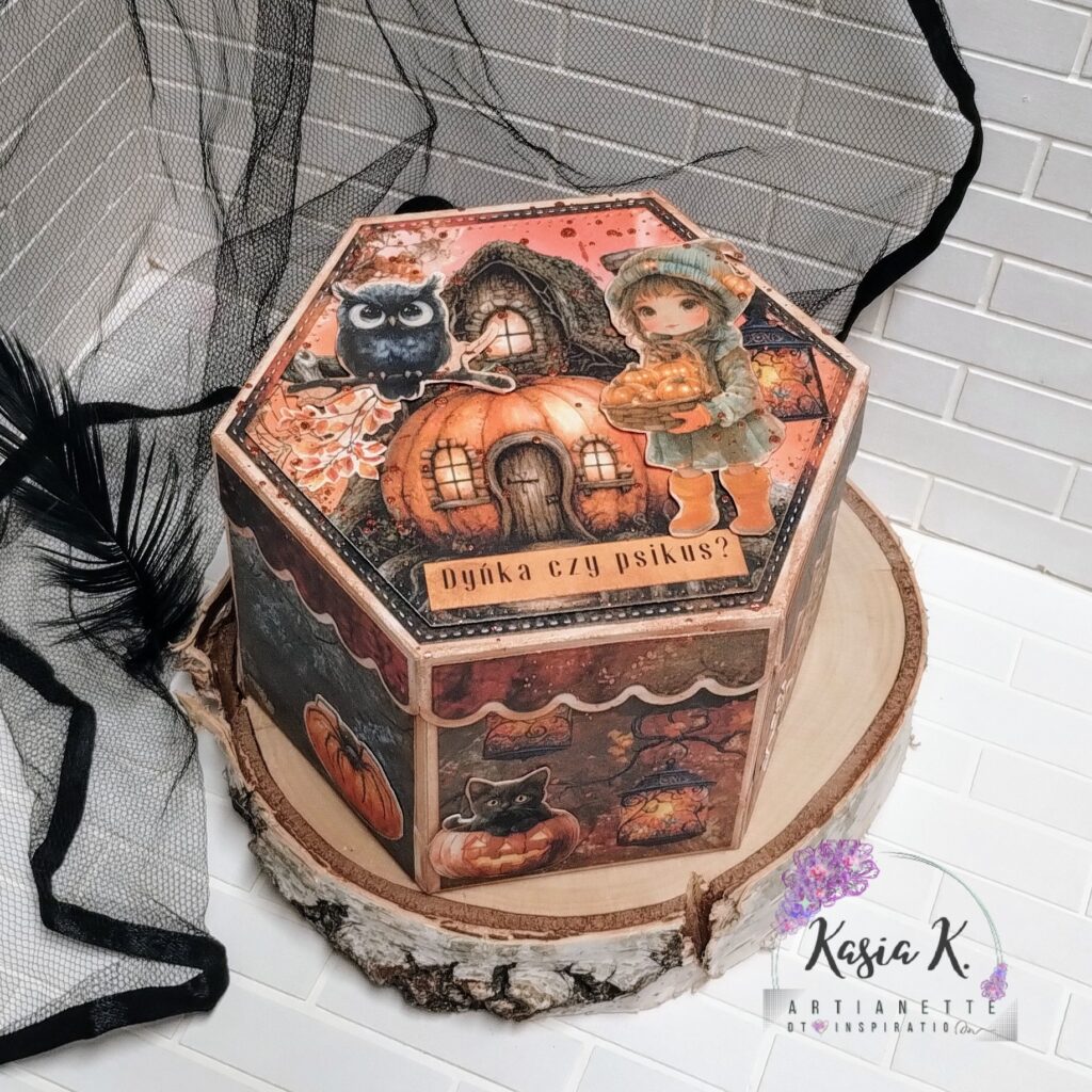 Halloweenowe pudełko, pudełko na upominek, papiery do druku Pumpkin Tale A4, scrapbooking, inspiracja DT Artianette Katarzyna Klakla