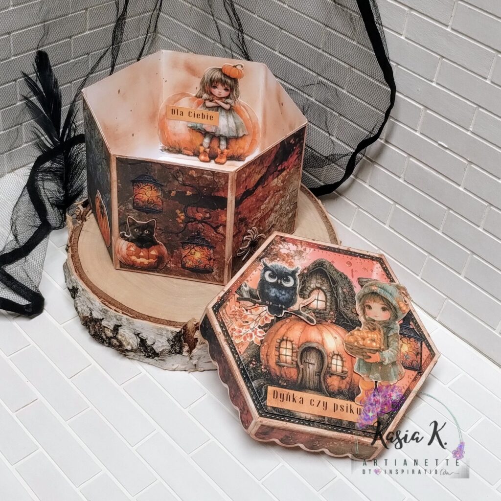 Halloweenowe pudełko, pudełko na upominek, papiery do druku Pumpkin Tale A4, scrapbooking, inspiracja DT Artianette Katarzyna Klakla