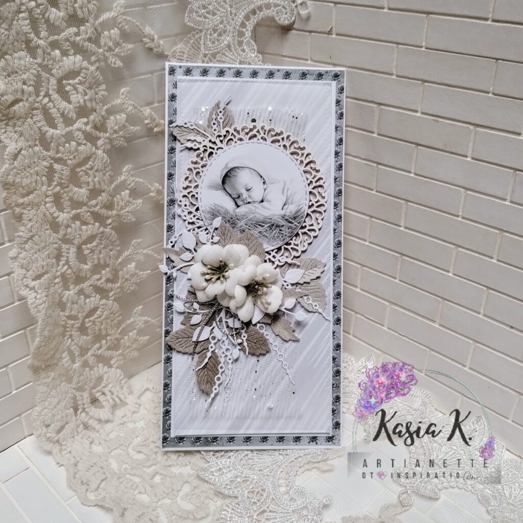 Kartka dla dziecka, kartka dla maluszka, kartka na chrzest, inspiracja DT Artianette Katarzyna Klakla scrapbooking, kolekcja Silver Glamour Mini Collection A4, dodatki do wycinania digi na sianku A4
