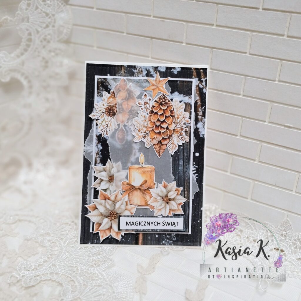 kartka świąteczna Boże Narodzenie inspiracja Artianette kolekcja Winter Boards i dodatki Christmas Gold Green, Poinsettias SET 03