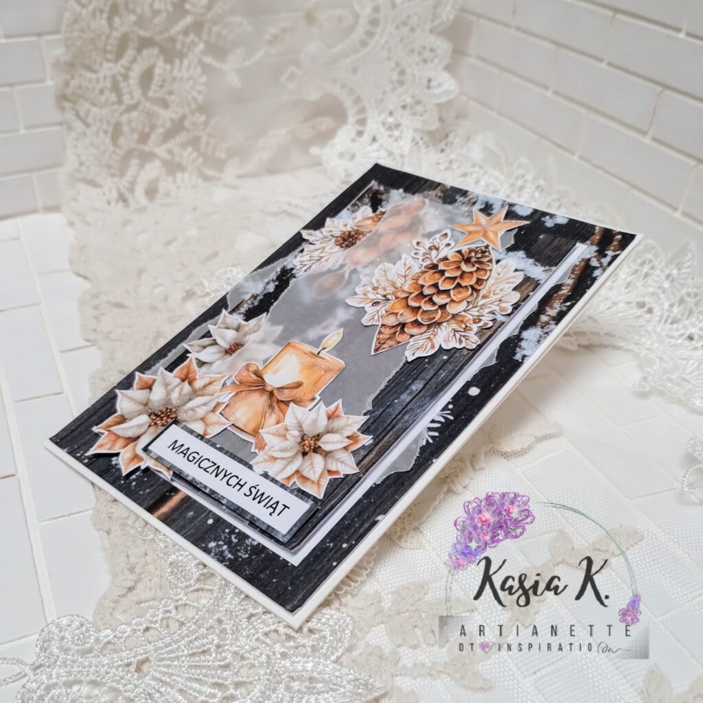 kartka świąteczna Boże Narodzenie inspiracja Artianette kolekcja Winter Boards i dodatki Christmas Gold Green, Poinsettias SET 03