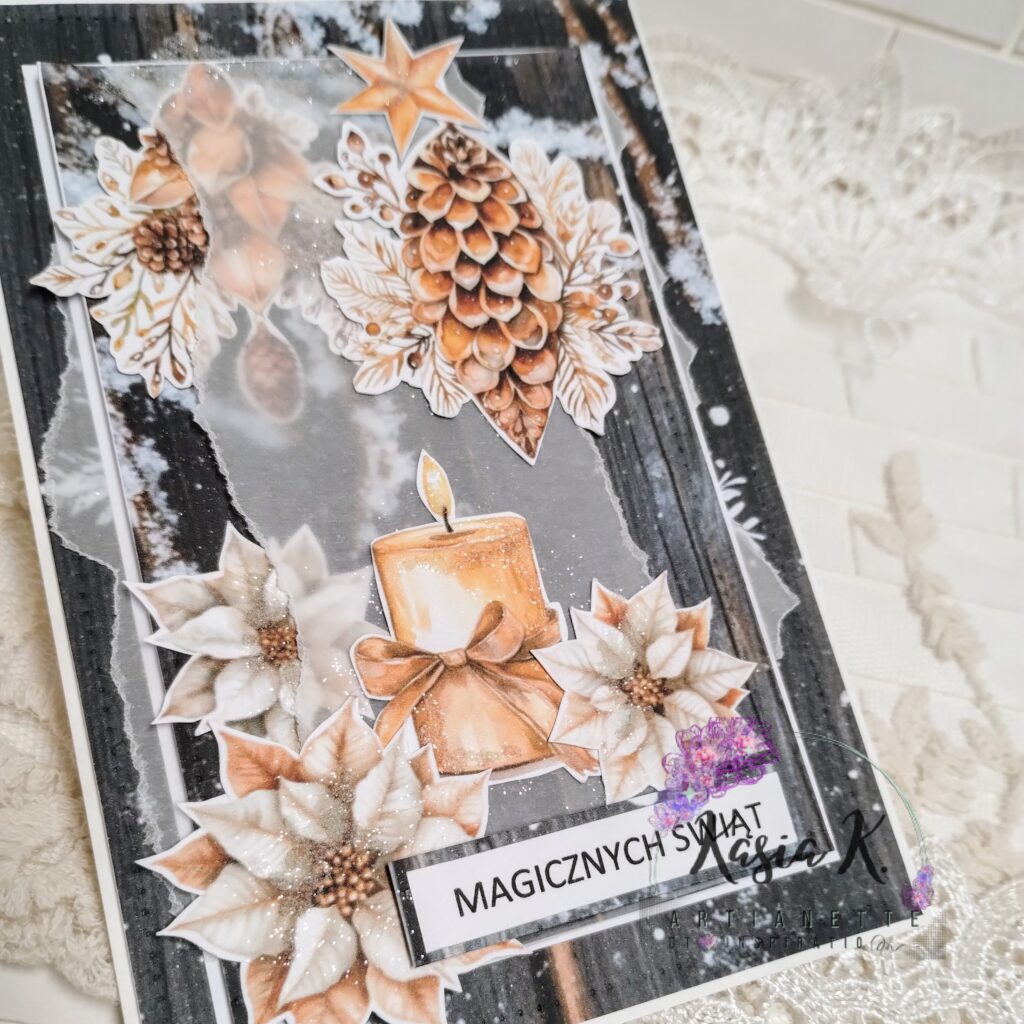 kartka świąteczna Boże Narodzenie inspiracja Artianette kolekcja Winter Boards i dodatki Christmas Gold Green, Poinsettias SET 03