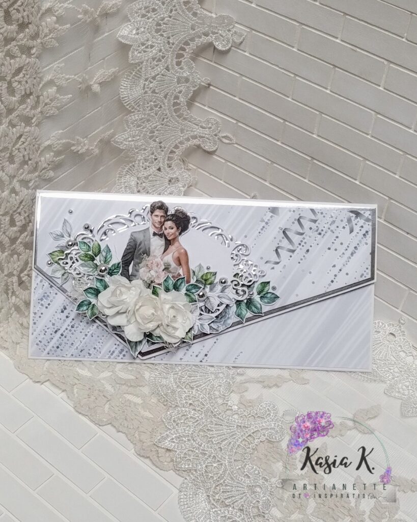 kartka kopertówka na ślub, scrapbooking, kolekcji Silwer Gramour, dodatki do wycinania SET 02, inspiracja DT Artianette Katarzyna Klakla