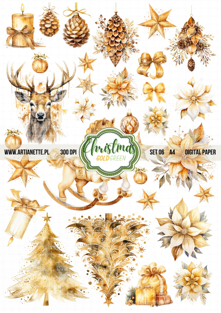dodatki Christmas Gold Green, SET 06, digital paper