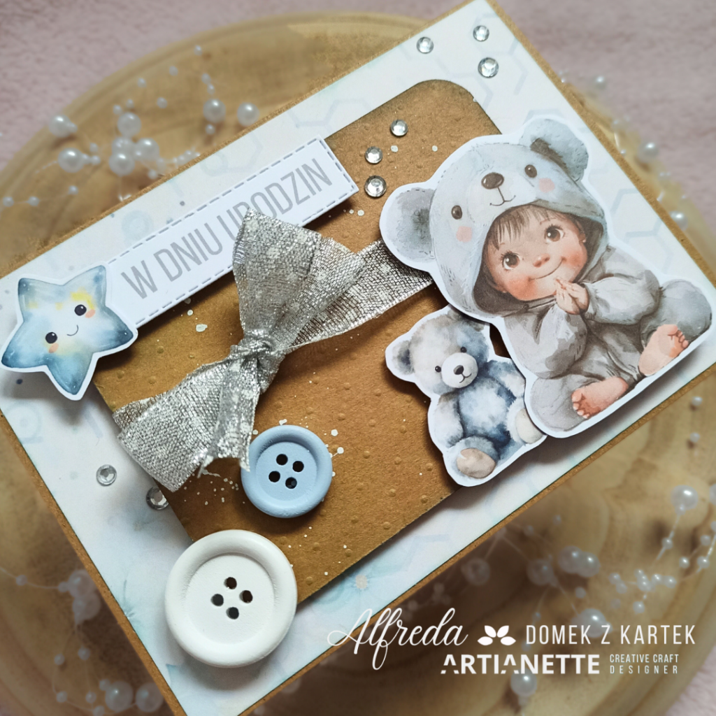 kartka dla maluszka, scrapbooking, inspiracja DT Artianette Alfreda, mini kolekcja babies in pastel grey, artianette