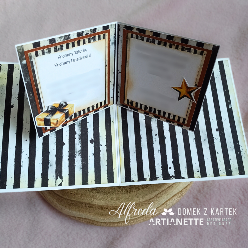 kartka na urodziny scrapbooking z papierów Artianette, digi do wycinania Gold&Black Party, inspiracja DT Alfreda