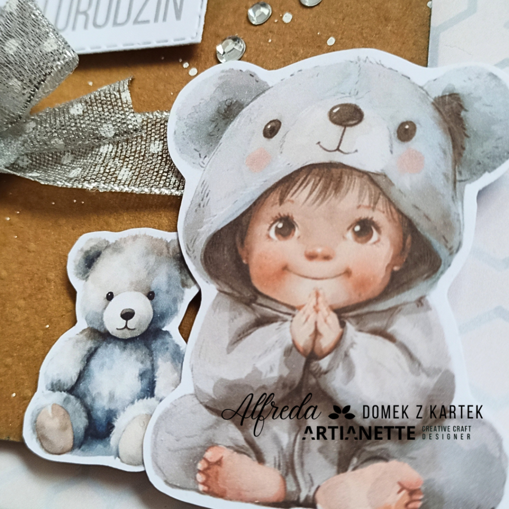 kartka dla maluszka, scrapbooking, inspiracja DT Artianette Alfreda, mini kolekcja babies in pastel grey, artianette