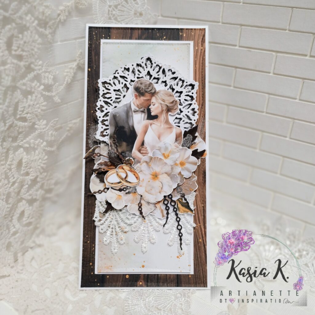 kartka na ślub w rustykalnym stylu scrapbooking inspiracja z papierów Artianette z kolekcji White Celebration z dodatkami i kolekcji Wedding Rustical