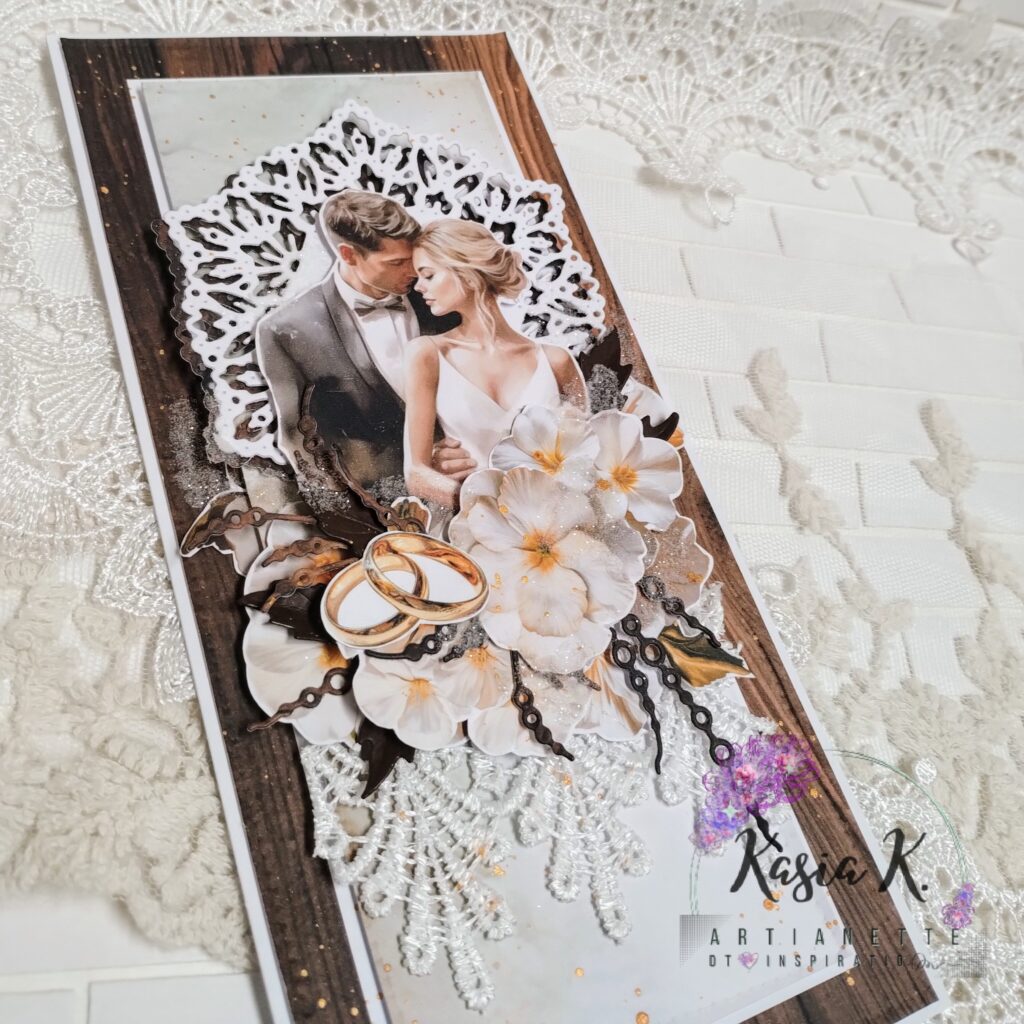 kartka na ślub w rustykalnym stylu scrapbooking inspiracja z papierów Artianette z kolekcji White Celebration z dodatkami i kolekcji Wedding Rustical