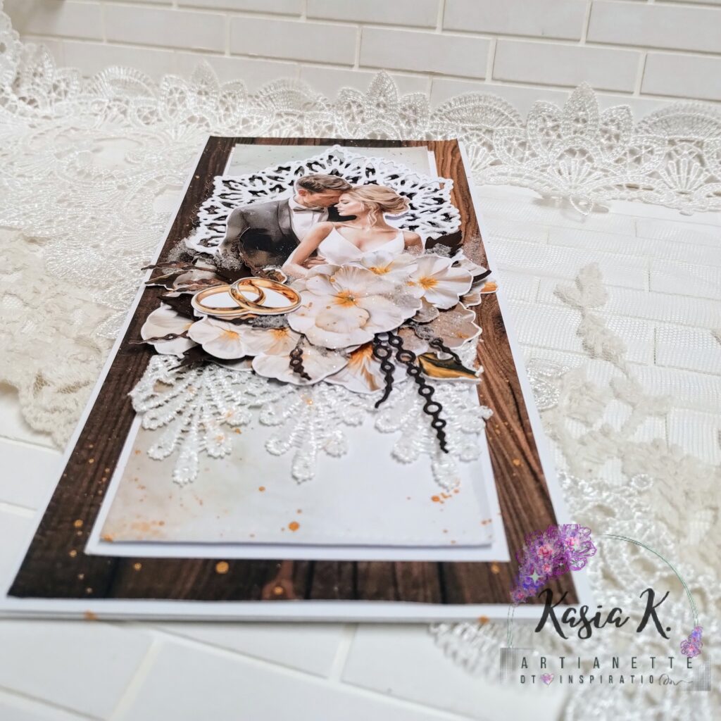 kartka na ślub w rustykalnym stylu scrapbooking inspiracja z papierów Artianette z kolekcji White Celebration z dodatkami i kolekcji Wedding Rustical