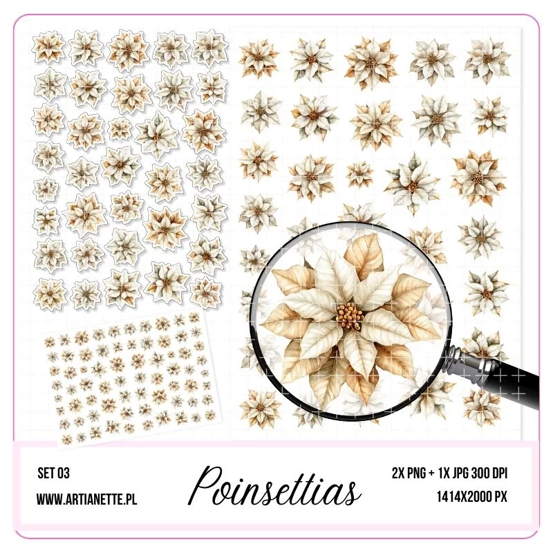 świąteczne papiery do druku, zimowe kwiaty, scrapbooking inspiracje Artianette, dodatki do wycinania